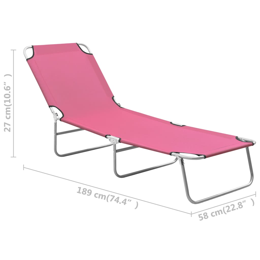 Folding sun lounger in steel and pink fabric