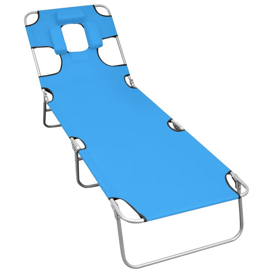 Folding sun lounger with head cushion in turquoise blue steel