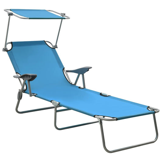 Sun lounger with blue steel canopy