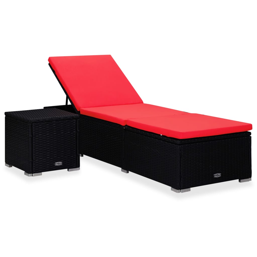 Sun lounger with cushion and coffee table in red PE wicker