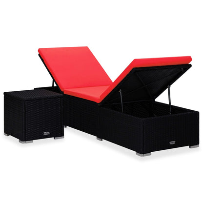 Sun lounger with cushion and coffee table in red PE wicker