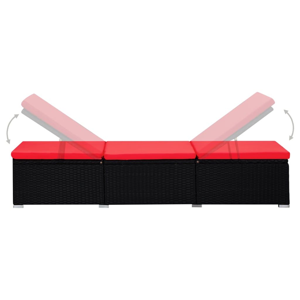Sun lounger with cushion and coffee table in red PE wicker