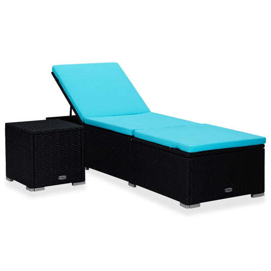 Sun lounger with cushion and coffee table in blue PE wicker