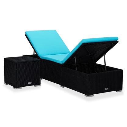 Sun lounger with cushion and coffee table in blue PE wicker