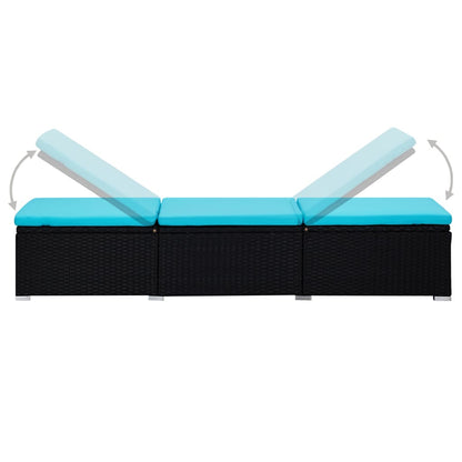 Sun lounger with cushion and coffee table in blue PE wicker
