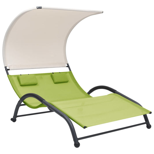 Double sun lounger with green textilene canopy