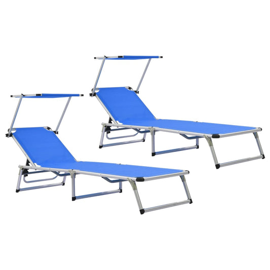 Folding sun loungers with roof 2pcs aluminum/textilene blue