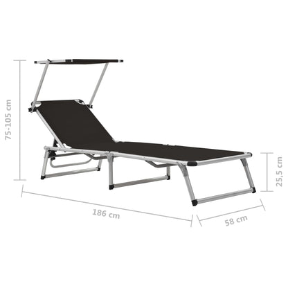 Folding sun loungers with roof 2 pcs alum./textilene black