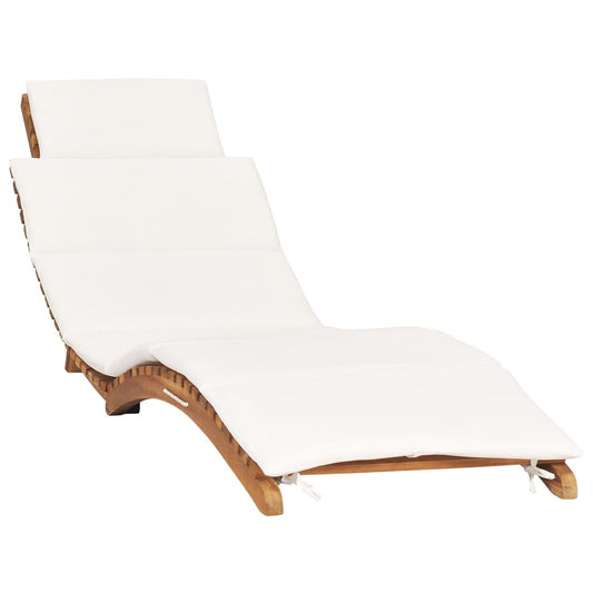 Folding sun lounger with cream-colored cushion in solid teak