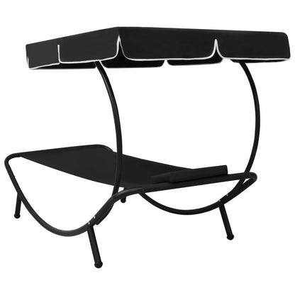 Sun lounger with canopy and black cushion