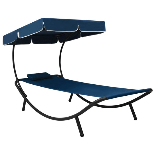 Sun lounger with canopy and blue cushion