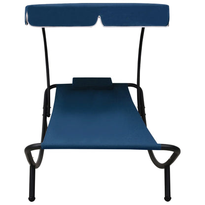 Sun lounger with canopy and blue cushion