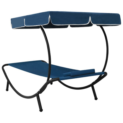 Sun lounger with canopy and blue cushion