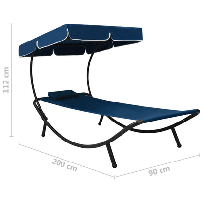 Sun lounger with canopy and blue cushion