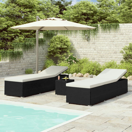 3 pcs garden sun loungers with coffee table poly rattan black