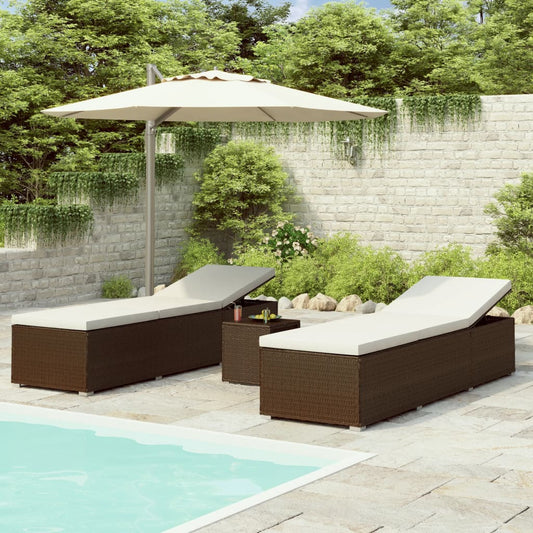 3 pcs garden sun loungers with coffee table in brown poly rattan
