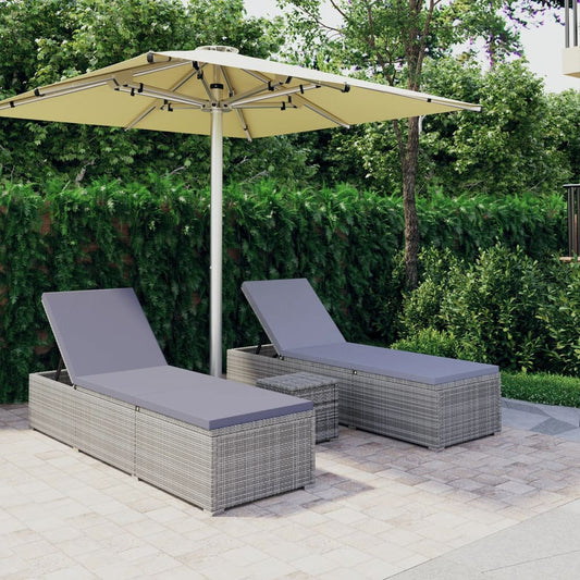 3 pcs garden sun loungers with coffee table in grey poly rattan