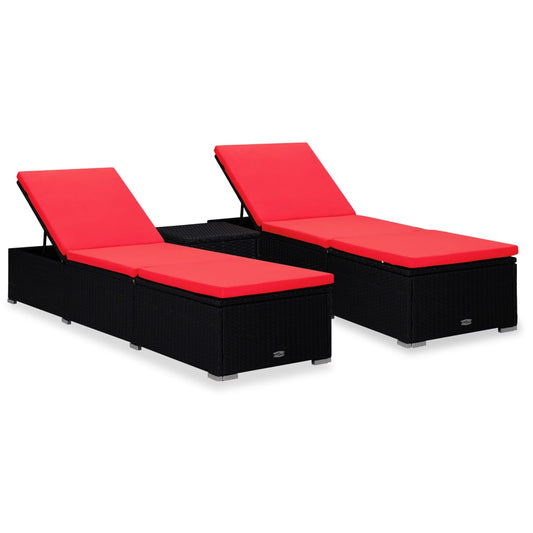 3 pcs garden sun loungers with coffee table poly rattan black