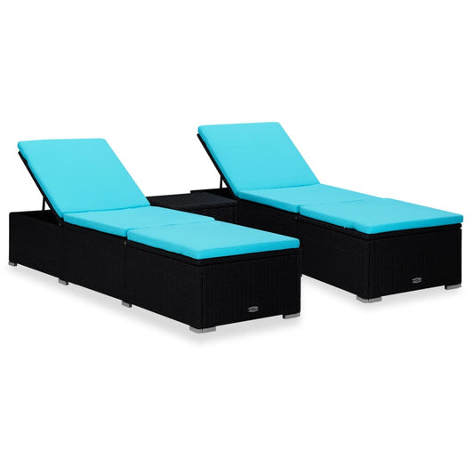 3 pcs garden sun loungers with coffee table poly rattan black