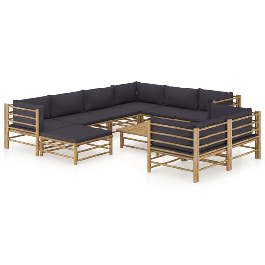 10 pcs conj. lounge jardim em bambu c/ almofadões cinza-escuro