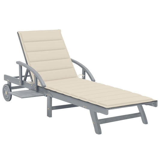 Garden sun lounger with cushion in solid acacia wood