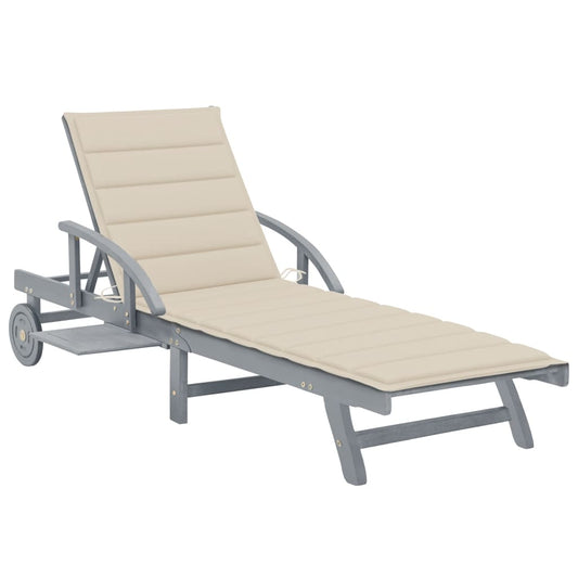 Garden sun lounger with cushion in solid acacia wood