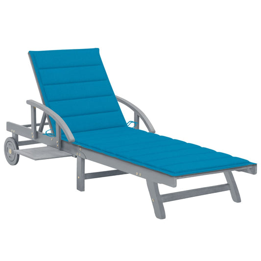 Garden sun lounger with cushion in solid acacia wood