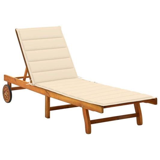 Garden sun lounger with cushion in solid acacia wood
