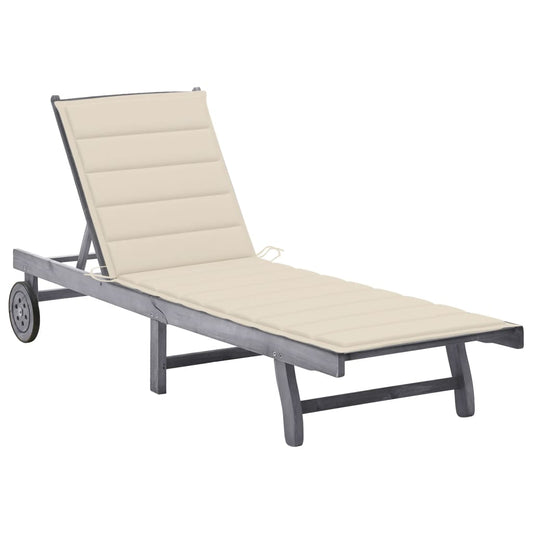 Garden sun lounger with solid acacia grey cushion