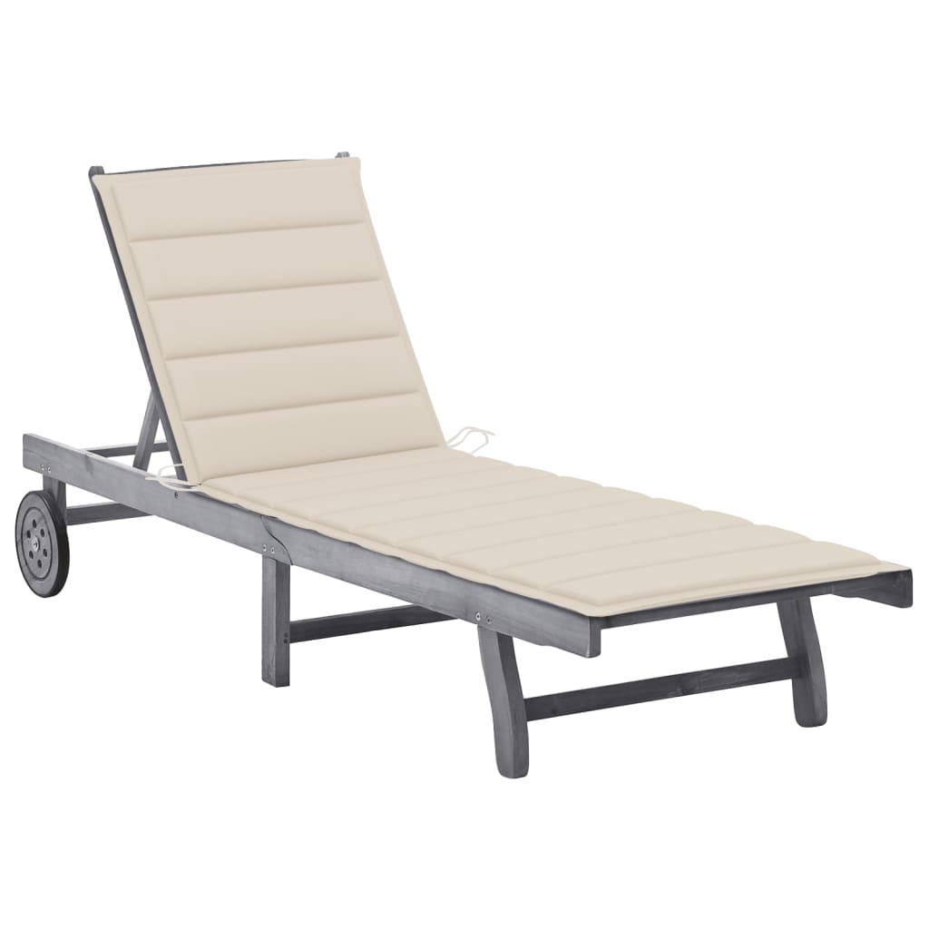 Garden sun lounger with solid acacia grey cushion