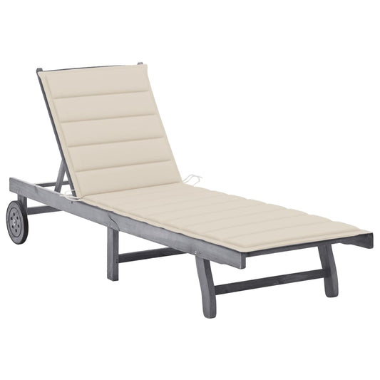 Garden sun lounger with solid acacia grey cushion