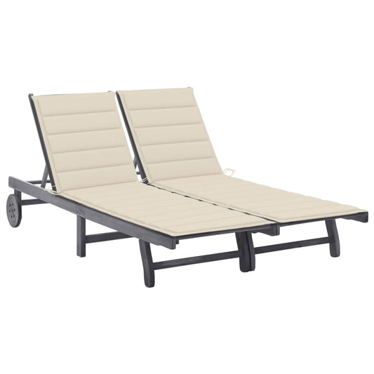 Garden sun lounger with cushion for 2 people, acacia grey