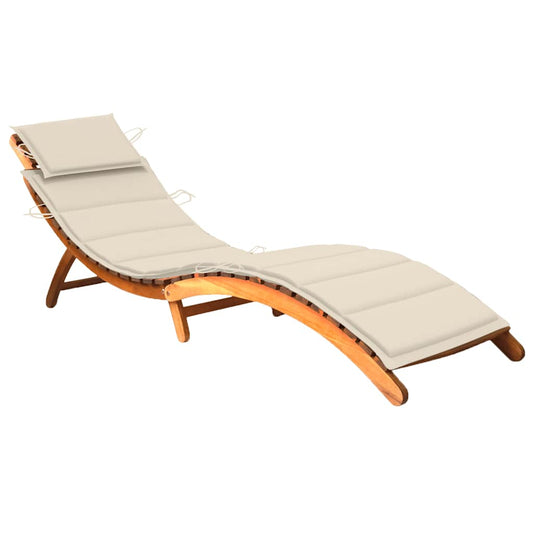 Garden sun lounger with cushion in solid acacia wood