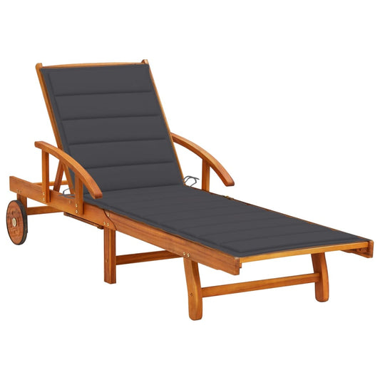 Garden sun lounger with cushion in solid acacia wood