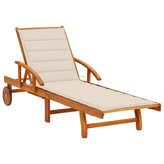 Garden sun lounger with cushion in solid acacia wood