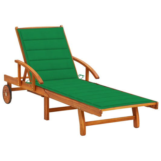 Garden sun lounger with cushion in solid acacia wood