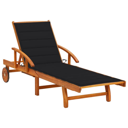Garden sun lounger with cushion in solid acacia wood
