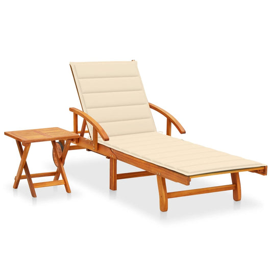 Garden sun lounger with table and solid acacia cushion