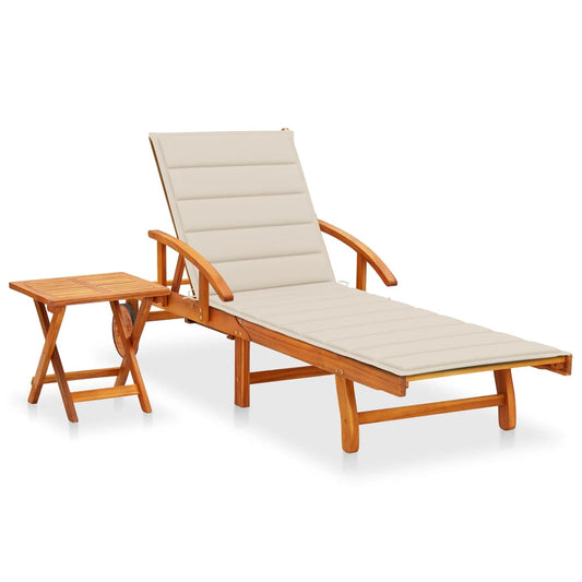 Garden sun lounger with table and solid acacia cushion