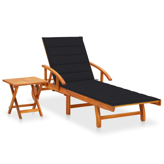 Garden sun lounger with table and solid acacia cushion