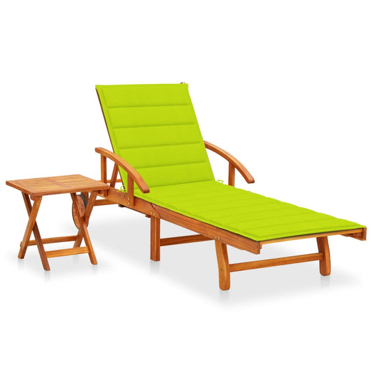 Garden sun lounger with table and solid acacia cushion
