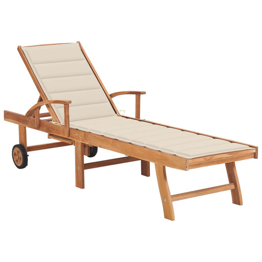 Sun lounger with cream cushion in solid teak wood