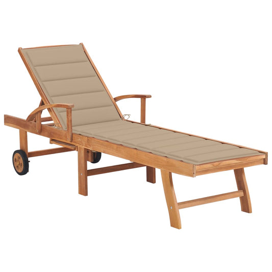 Sun lounger with beige cushion in solid teak wood