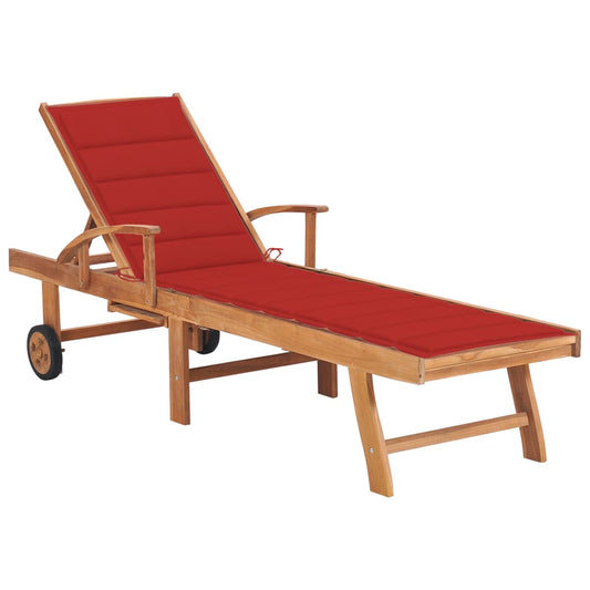 Sun lounger with red cushion in solid teak wood