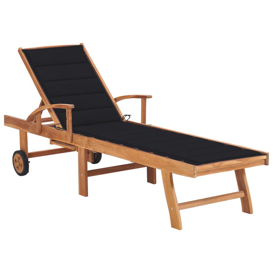 Sun lounger with black cushion in solid teak wood