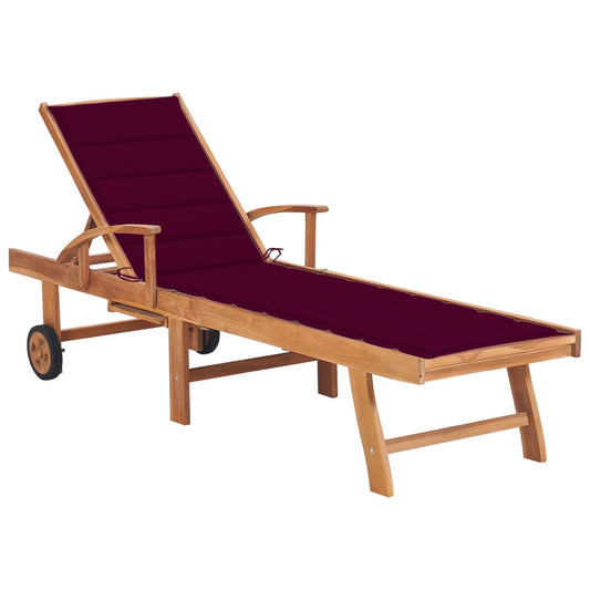 Sun lounger with red cushion in solid teak wood