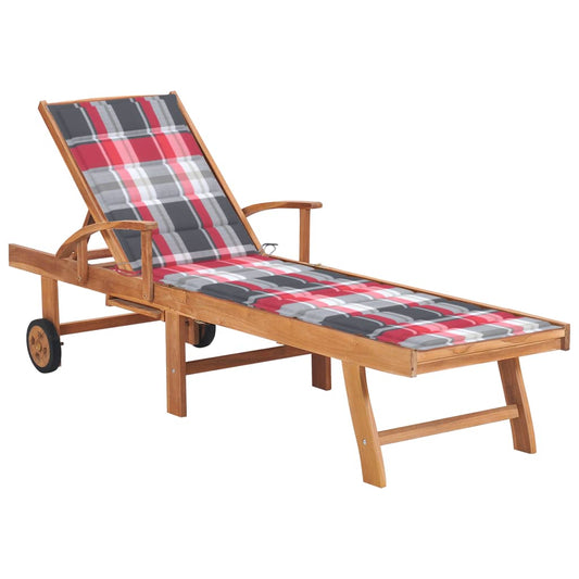 Sun lounger + red checkered cushion in solid teak wood