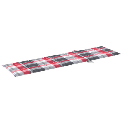 Sun lounger + red checkered cushion in solid teak wood