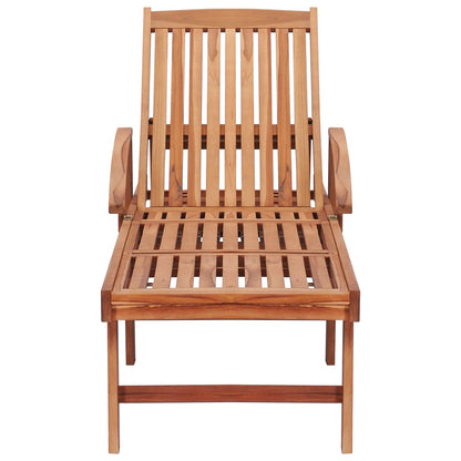 Sun lounger + red checkered cushion in solid teak wood