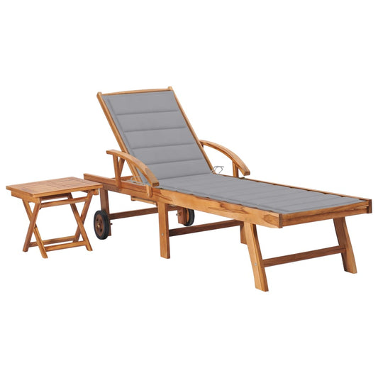 Sun lounger with table and cushion in solid teak wood